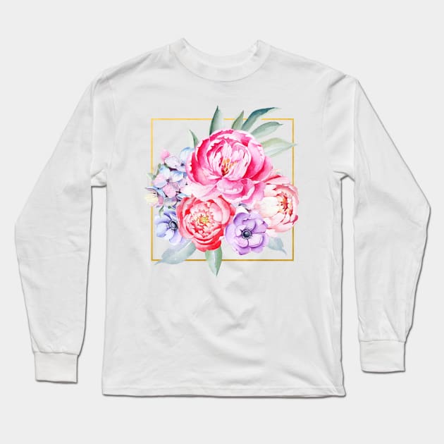 Peony and Hydrangea Wreath Long Sleeve T-Shirt by Simple Wishes Art